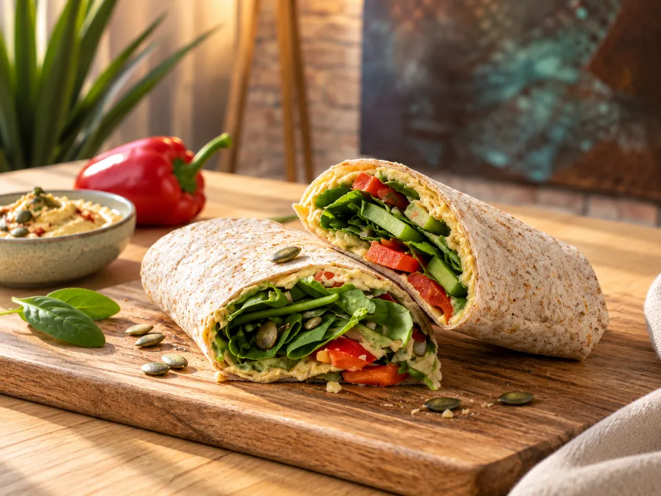 Aufgeschnittener Hummus-Crunch-Wrap mit Spinat und Paprika