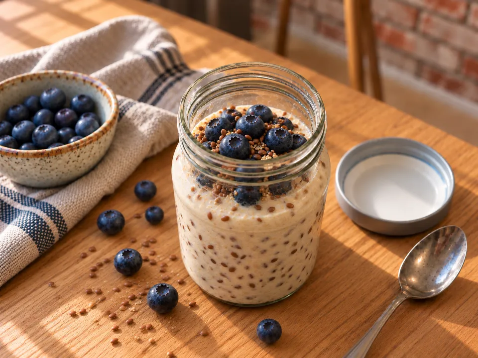 Protein-Oats mit Blaubeeren im Glas